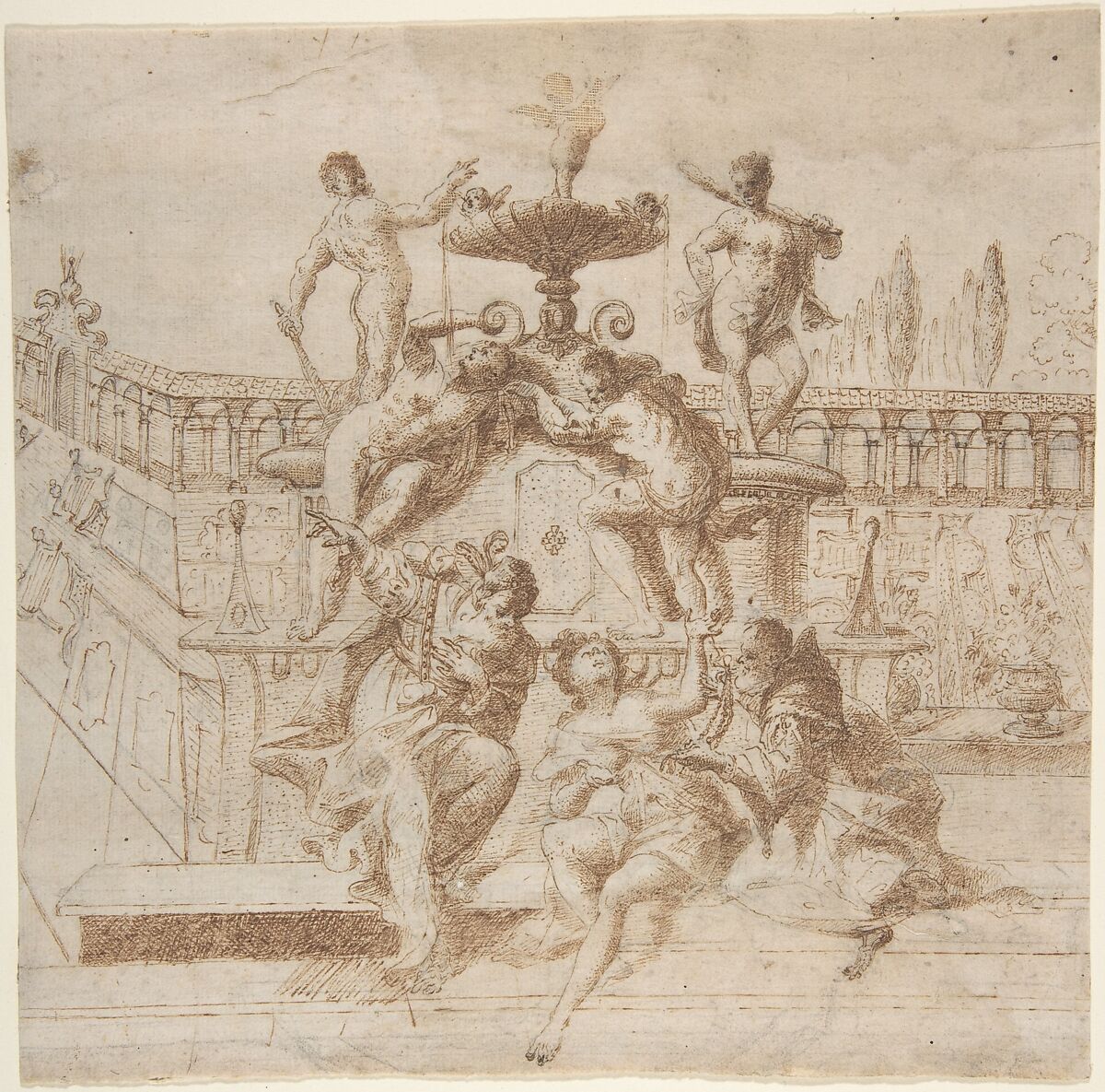 Susanna and the Elders, Attributed to Gregorio de&#39; Ferrari (Italian, Porto Maurizio 1647–1726 Genoa), Pen and brown ink, over traces of black chalk or graphite 
