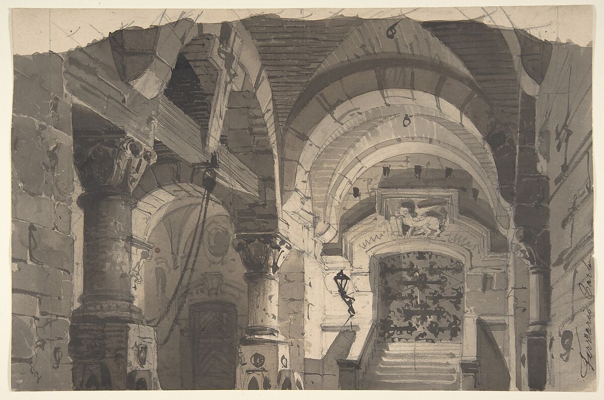 Design for a Stage Set of a Crypt (for the Opera 'La Morosina' ?), Carlo Ferrario (Italian, Milan 1833–1907), Brush and black wash over traces of graphite 