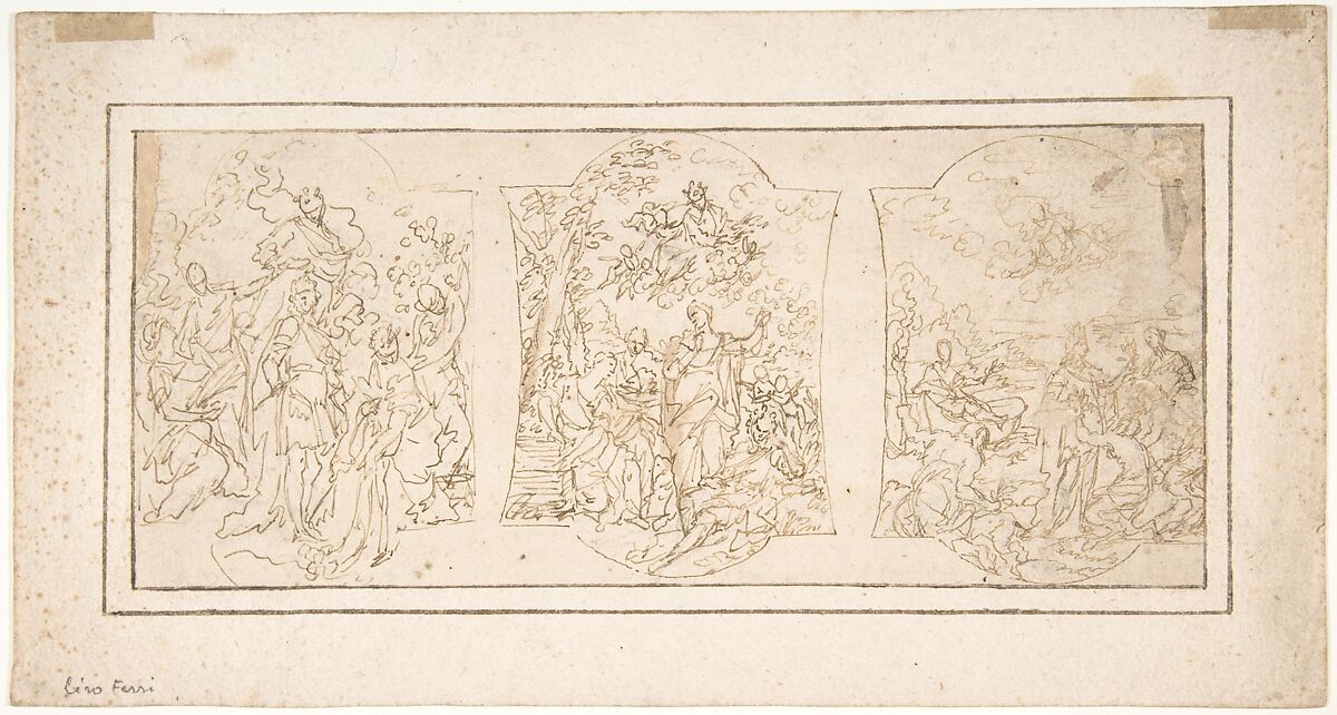 Drawing for Ceiling Decoration Consisting of Three Panels Each Showing a Different Scene with Figures, Ciro Ferri (Italian, Rome 1634?–1689 Rome) (?), Pen and brown ink 