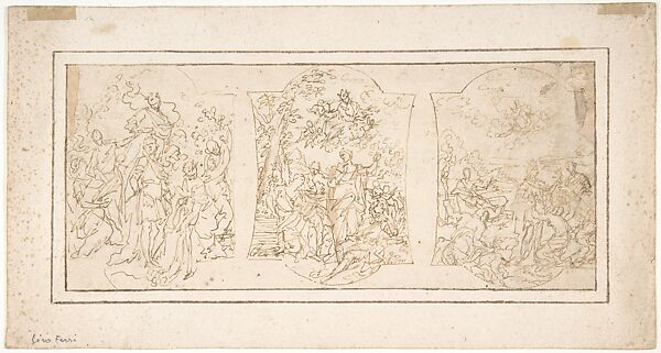 Drawing for Ceiling Decoration Consisting of Three Panels Each Showing a Different Scene with Figures