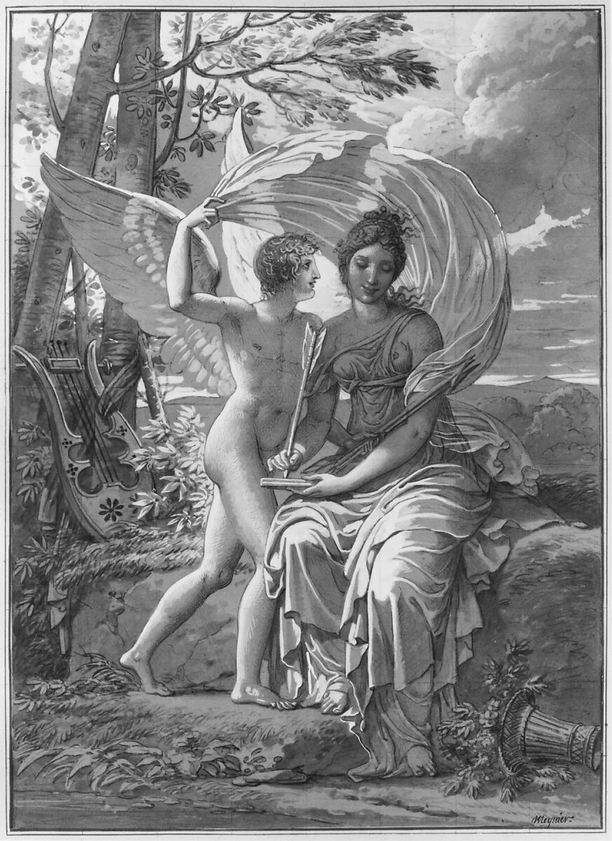 The Muse Erato Writing Verses Inspired by Love, Charles Meynier (French, Paris 1768–1832 Paris), Pen and black ink, brush and gray wash, heightened with white gouache, over black chalk on brown paper; squared in black chalk