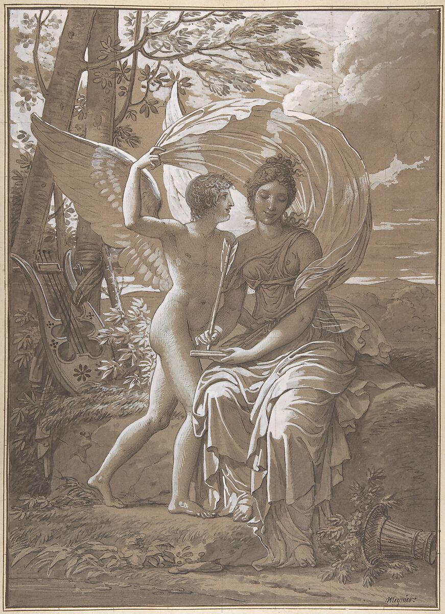 The Muse Erato Writing Verses Inspired by Love, Charles Meynier (French, Paris 1768–1832 Paris), Pen and black ink, brush and gray wash, heightened with white gouache, over black chalk on brown paper; squared in black chalk 