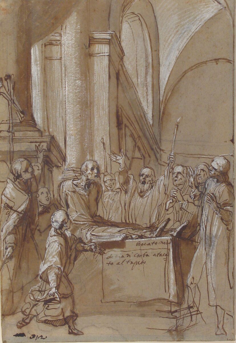 Raymond Diocrès Speaking During His Funeral (from the Life of Saint Bruno of Cologne), Daniele Crespi (Italian, Busto Arsizio 1597/1600–1630 Milan), Pen and dark brown ink, brush and brown wash, highlighted with white gouache, over soft black chalk or leadpoint