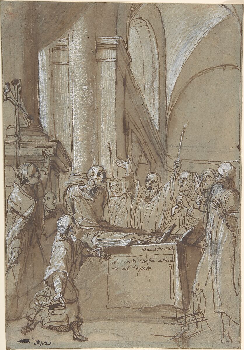 Raymond Diocrès Speaking During His Funeral (from the Life of Saint Bruno of Cologne), Daniele Crespi (Italian, Busto Arsizio 1597/1600–1630 Milan), Pen and dark brown ink, brush and brown wash, highlighted with white gouache, over soft black chalk or leadpoint 