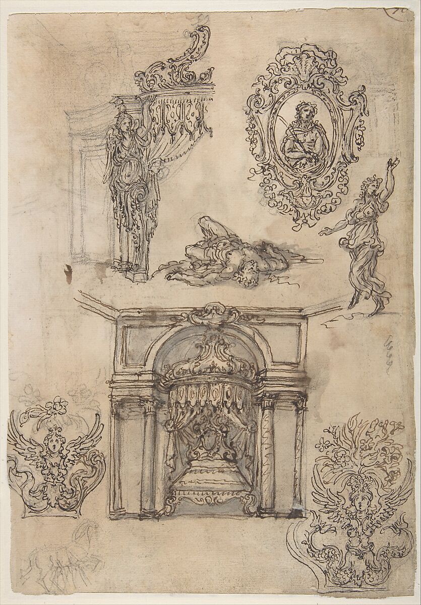 Studies for a Sculpture with Figures of Prudence, Industry and Economy Supported by Slaves and an Oval Plaque with Cartouche; Separate Study for a Cupola (recto); Studies for Figural Ornament (verso), Giovanni Battista Foggini (Italian, Florence 1652–1725 Florence), Pen and brown ink, brush and gray wash, over black chalk (recto and verso)