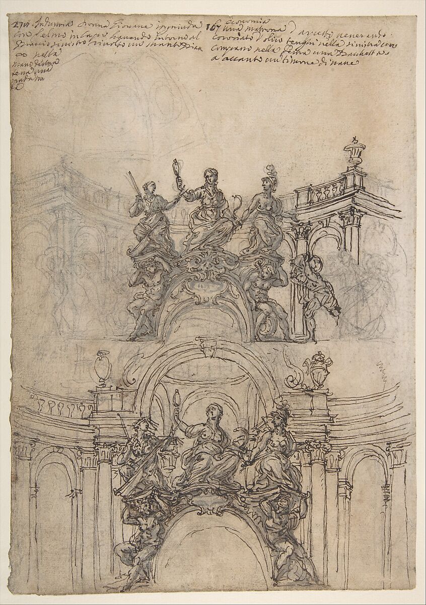 Studies for a Sculpture with Figures of Prudence, Industry and Economy Supported by Slaves and an Oval Plaque with Cartouche; Separate Study for a Cupola (Recto). Studies for Figural Ornament (Verso)., Giovanni Battista Foggini (Italian, Florence 1652–1725 Florence), Pen and brown ink, brush and gray wash, over traces of black chalk (recto and verso) 