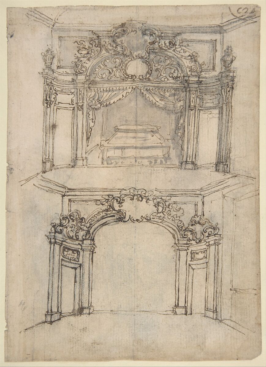 Designs for Bed Alcoves (Recto). Studies for a figure of St. John the Baptist and a Bed Alcove (Verso)., Giovanni Battista Foggini (Italian, Florence 1652–1725 Florence), Pen and brown ink, brush and gray wash over traces of black chalk (recto and verso) 