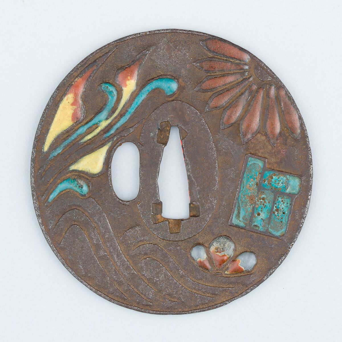 Sword Guard (Tsuba), Iron, enamel, copper, Japanese