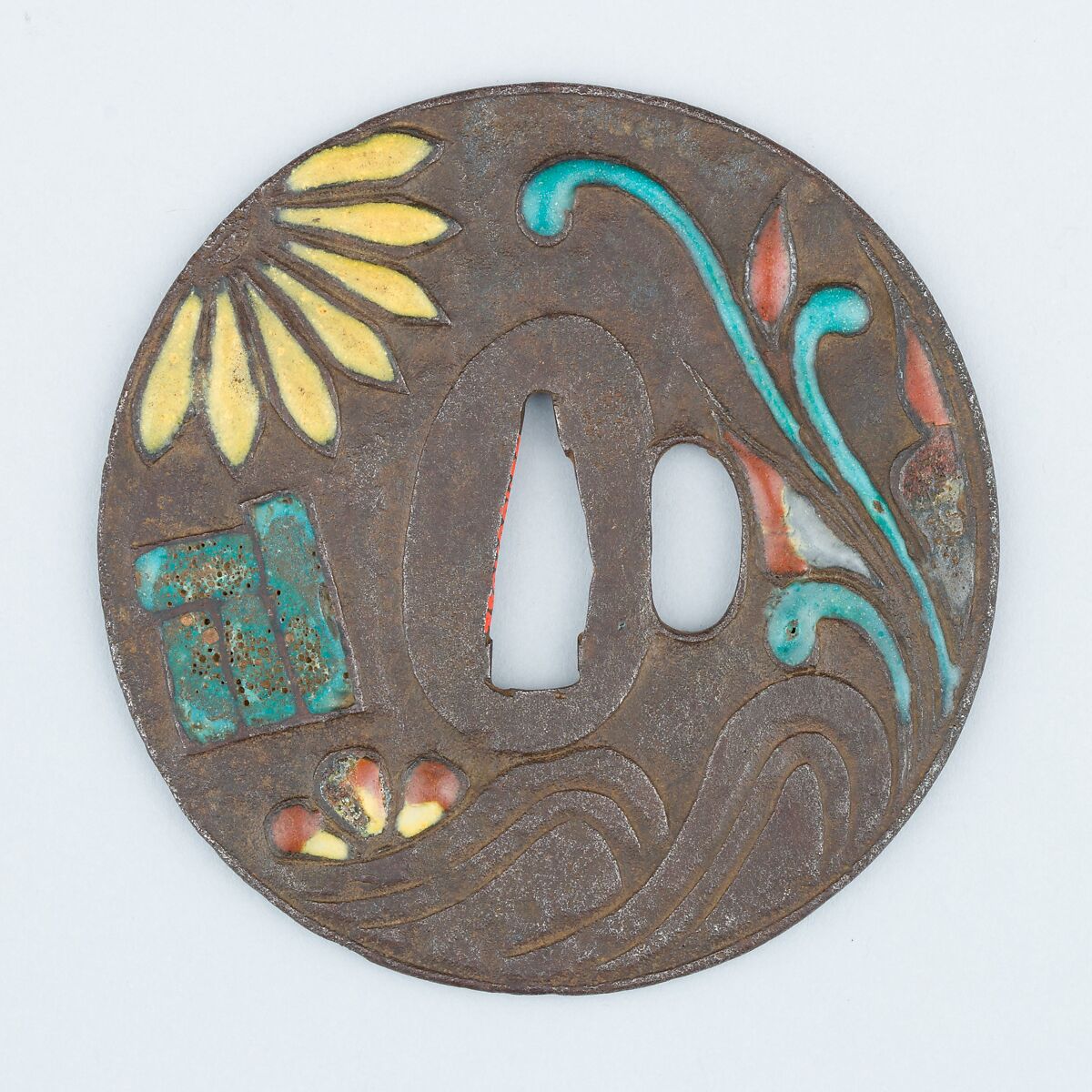 Sword Guard (Tsuba), Iron, enamel, copper, Japanese 