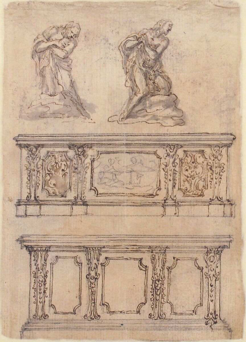 Studies for a Kneeling Figure of Christ and Altar Fronts, Giovanni Battista Foggini (Italian, Florence 1652–1725 Florence), Pen and brown ink, brush and gray wash over traces of black chalk; the secondary paper support is outlined with brush and pink wash on the verso