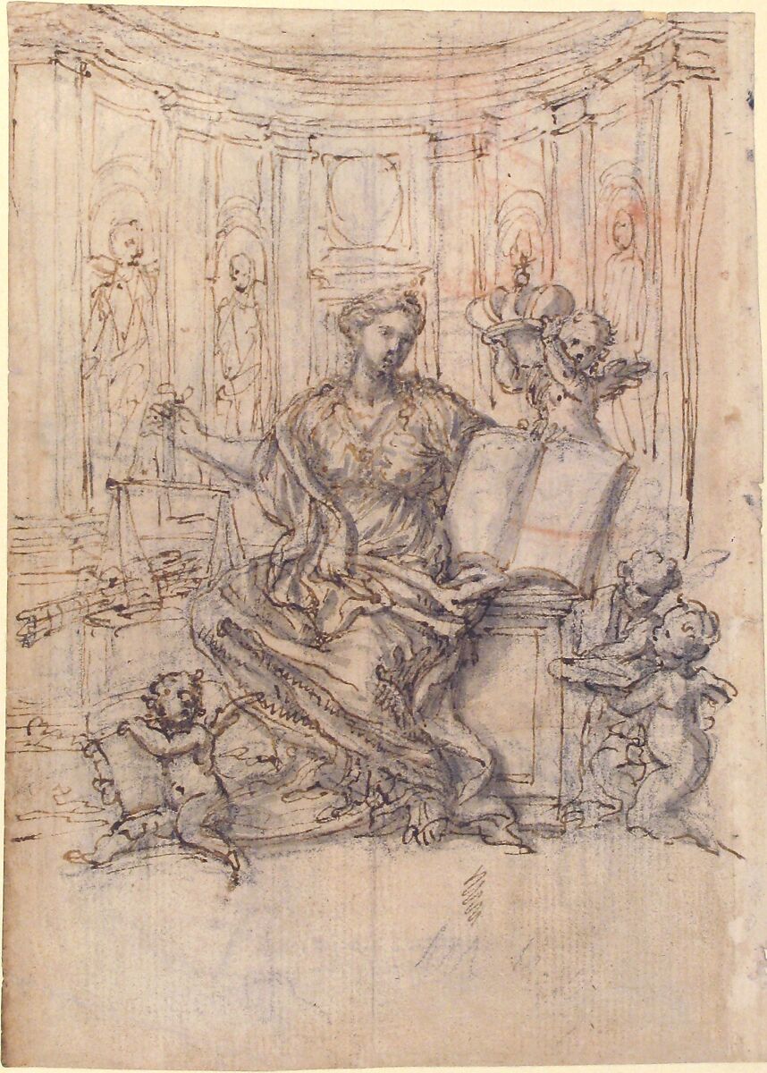 Studies for a Kneeling Figure of Christ and Altar Fronts, Giovanni Battista Foggini (Italian, Florence 1652–1725 Florence), Pen and brown ink, brush and gray wash over traces of black chalk; the secondary paper support is outlined with brush and pink wash on the verso