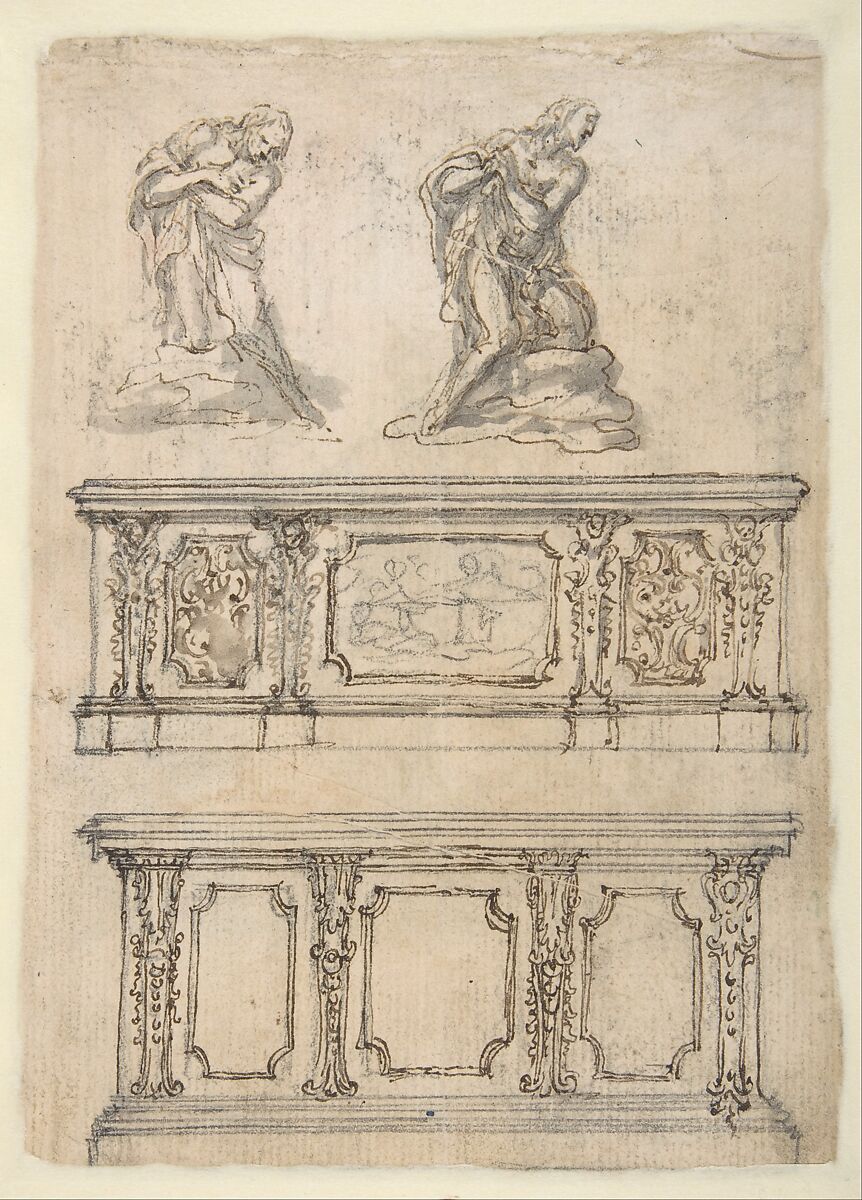 Studies for a Kneeling Figure of Christ and Altar Fronts., Giovanni Battista Foggini (Italian, Florence 1652–1725 Florence), Pen and brown ink, brush and gray wash over traces of black chalk; the secondary paper support is outlined with brush and pink wash on the verso 