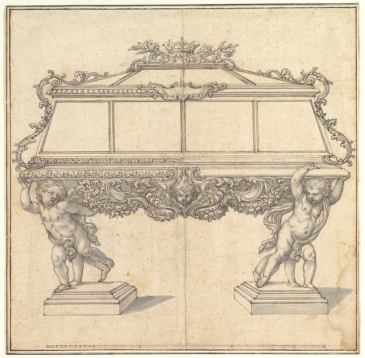 Design for a Sarcophagus Supported by Putti for the Church of S. Maria Maddalena de' Pazzi, Florence, Giovanni Battista Foggini (Italian, Florence 1652–1725 Florence) (family and workshop), Pen and brown ink, brush and gray wash over black chalk or graphite 