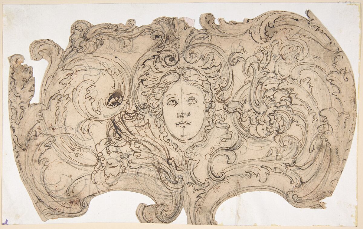Female Mask Surrounded by Tendrils, Giovanni Battista Foggini (Italian, Florence 1652–1725 Florence), Pen and brown ink, over preliminary drawing in black chalk 