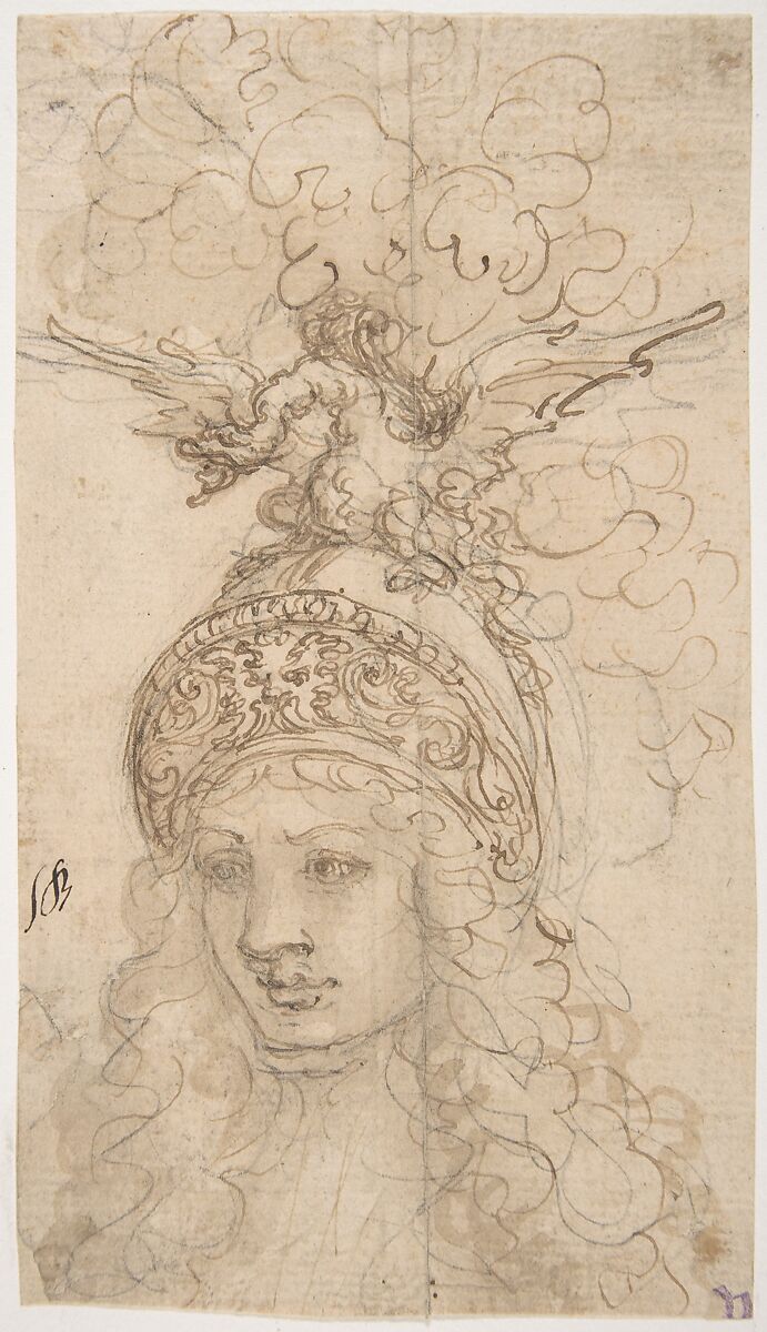 Design for a Helmet with a Dragon Presented in Frontal View, Giovanni Battista Foggini (Italian, Florence 1652–1725 Florence), Pen and brown ink, brush and light brown wash, over traces of black chalk 
