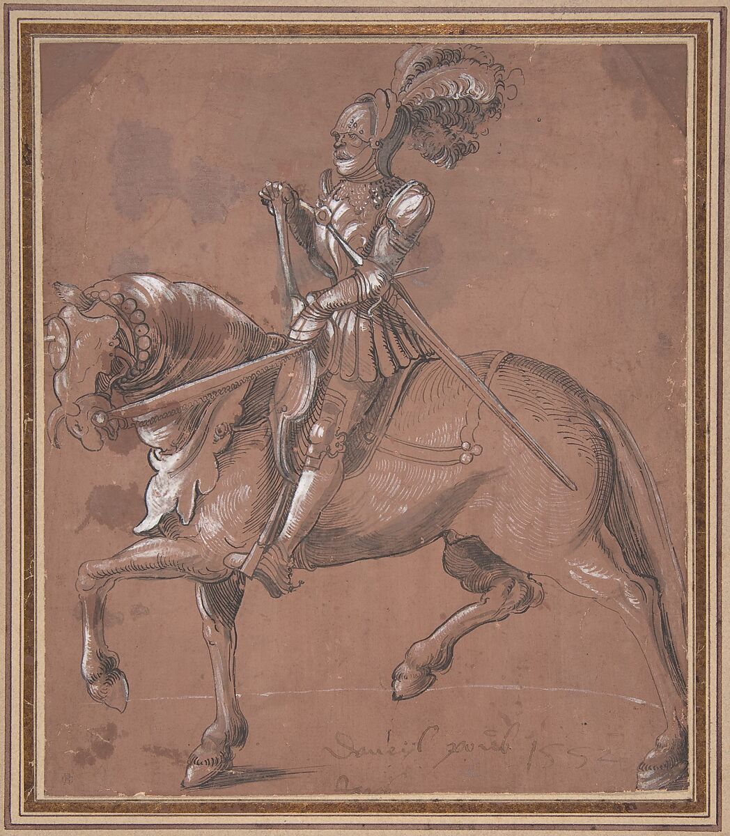 Knight on Horseback, Anonymous, German, 16th century, Pen and black ink and gray washes with white heightening 