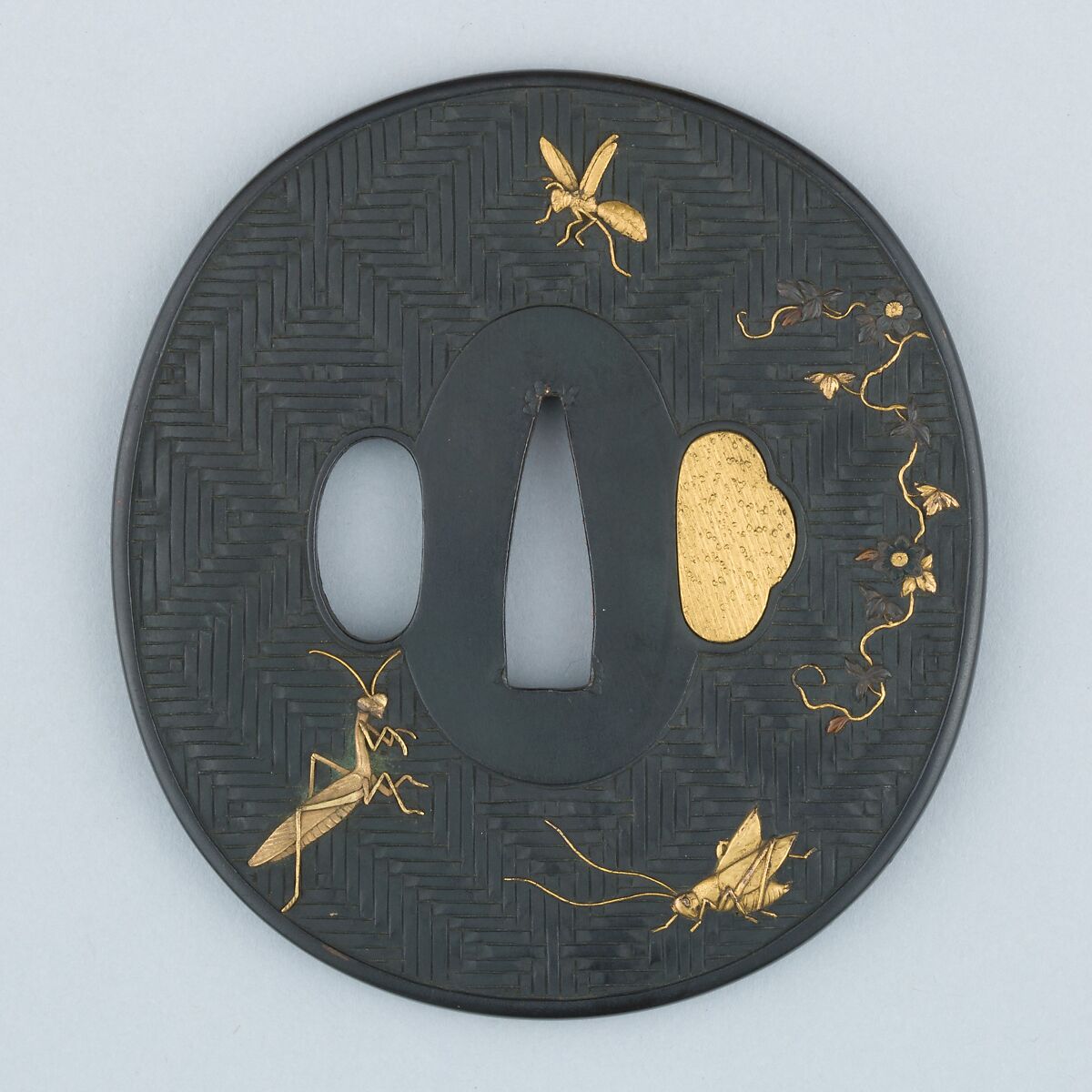 Sword Guard (Tsuba), Copper-gold alloy (shakudō), gold, copper, Japanese 