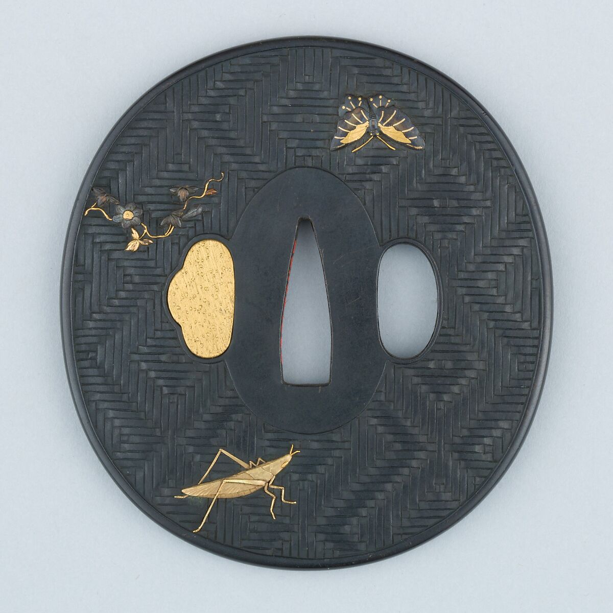Sword Guard (Tsuba), Copper-gold alloy (shakudō), gold, copper, Japanese