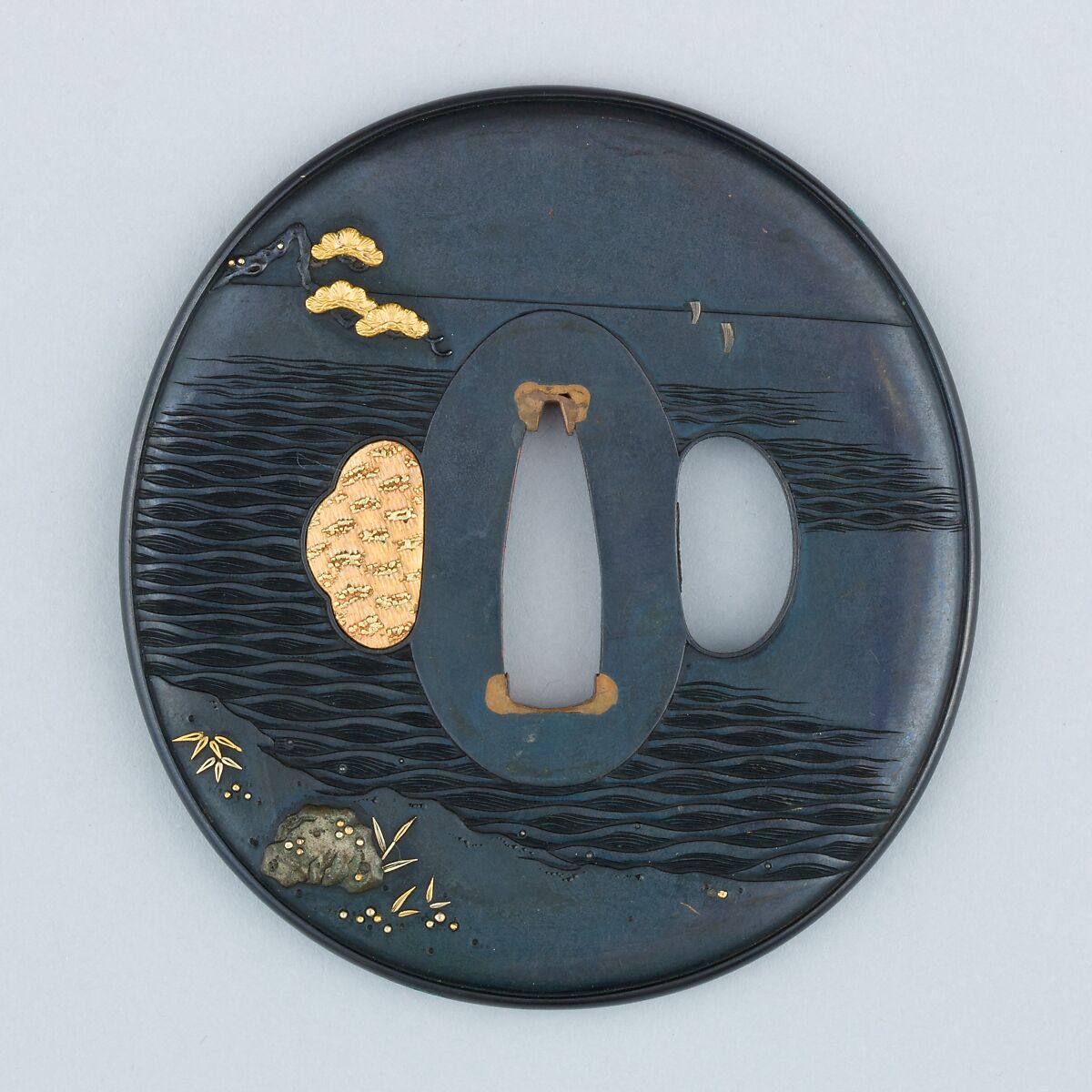 Sword Guard (Tsuba), Copper-gold alloy (shakudō), gold, silver, copper-silver alloy (shibuichi), copper, Japanese