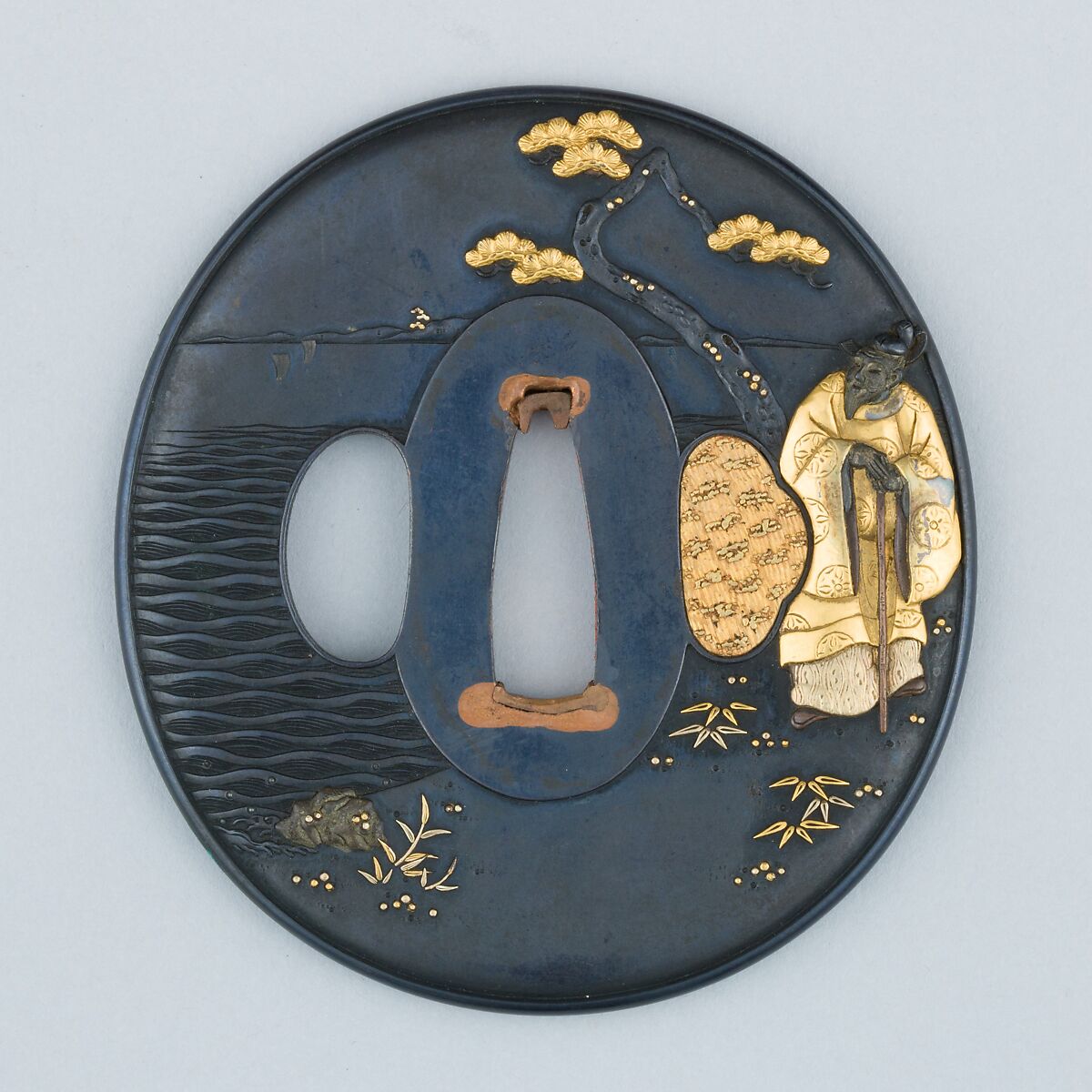 Sword Guard (Tsuba), Copper-gold alloy (shakudō), gold, copper-silver alloy (shibuichi), Japanese 