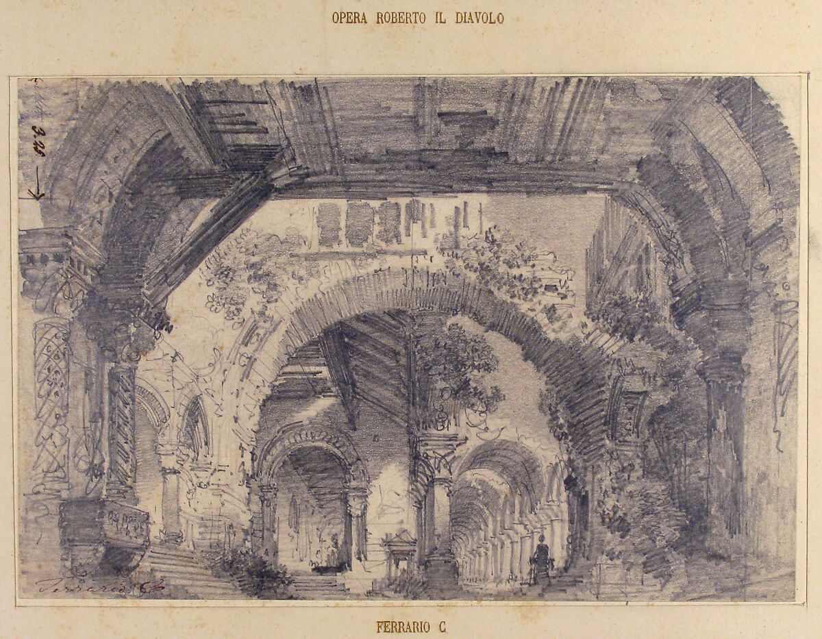 Architectural Ruins with a View of a Garden; Stage design for "Ballo don Parasol", Carlo Ferrario (Italian, Milan 1833–1907), Graphite; partly squared in graphite 