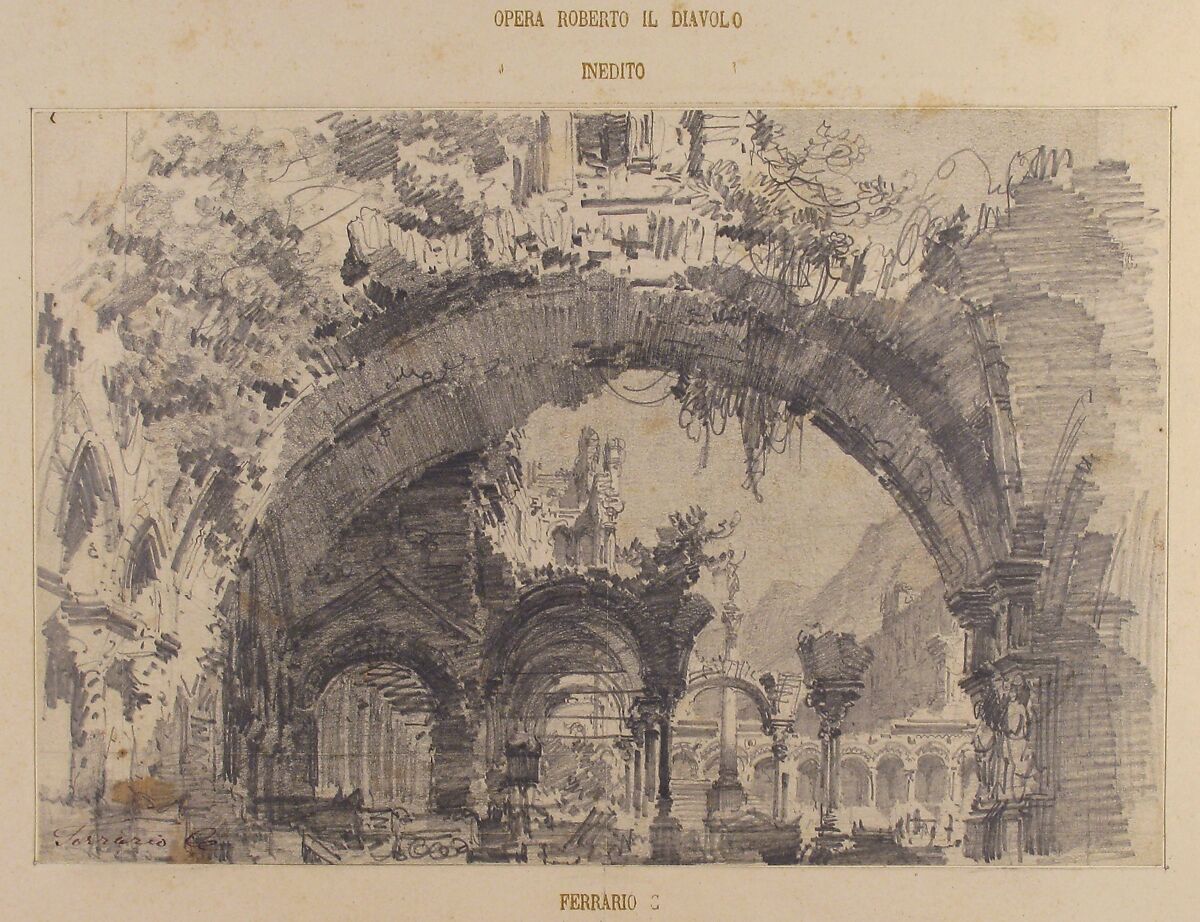 Architectural Ruins with a View of a Garden; Stage design for Giacomo Meyerbeer's opera, "Robert le diable", Carlo Ferrario (Italian, Milan 1833–1907), Graphite; partly squared in graphite 