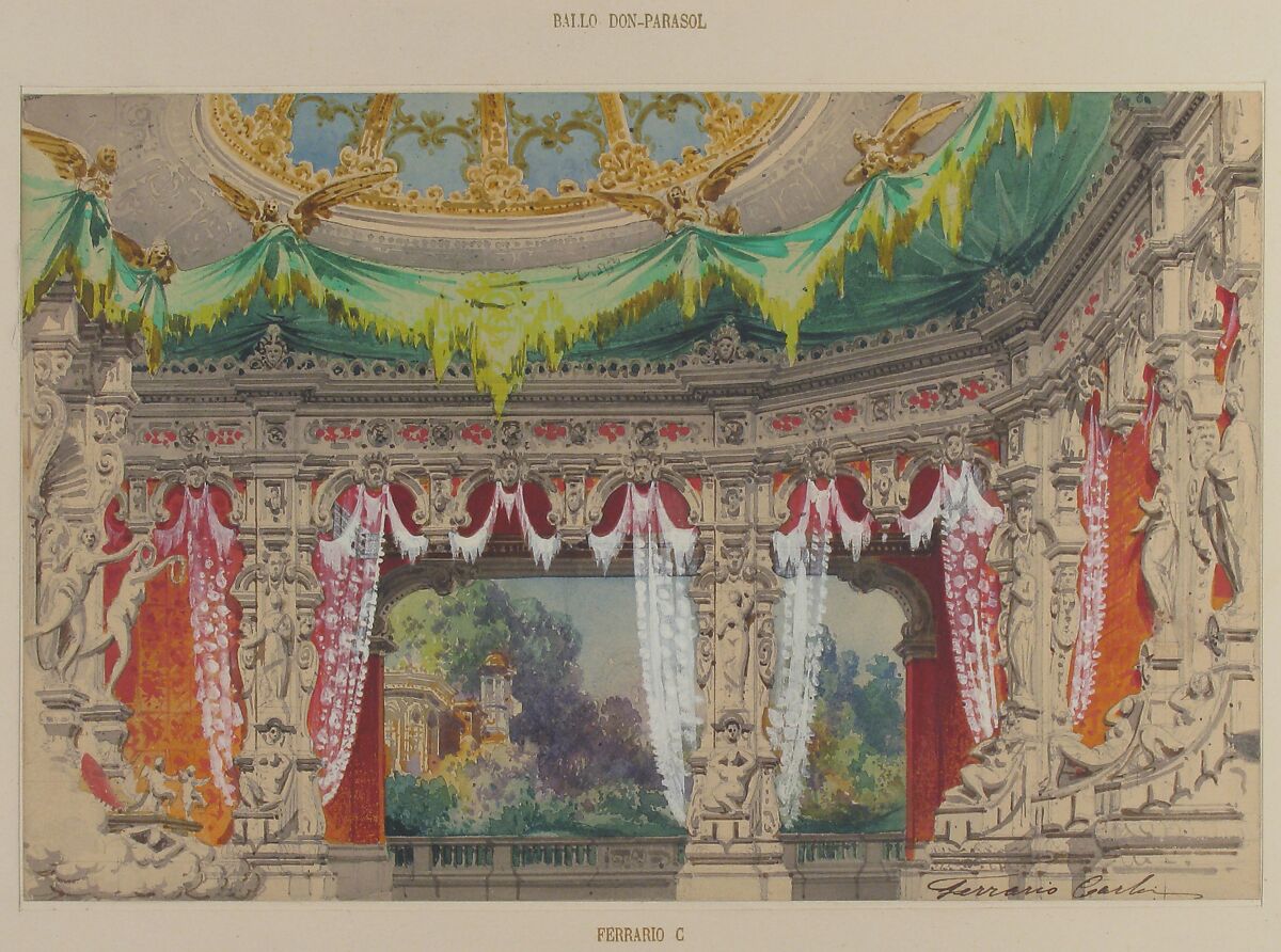 Stage Set Design for a Ballet: Don Parasol, Carlo Ferrario (Italian, Milan 1833–1907), Brush with watercolor and gouache, over graphite; partly squared in graphite 