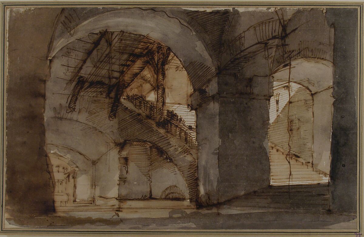 Design for a Stage Set: A Dungeon with High Vaults and a Staircase at Right, Domenico Fossati (Italian, Venice, 1743–1784), Pen and brown ink, brush and brown and gray wash over traces of graphite