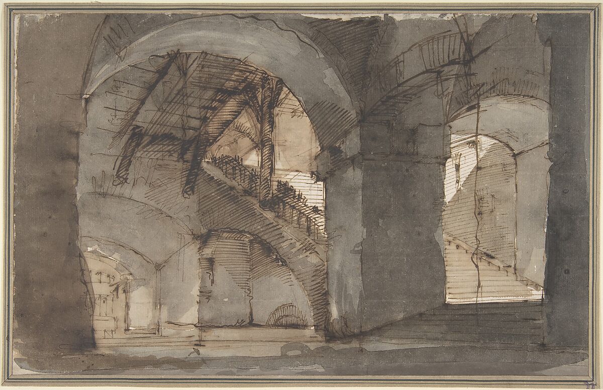 Design for a Stage Set: A Dungeon with High Vaults and a Staircase at Right, Domenico Fossati (Italian, Venice, 1743–1784), Pen and brown ink, brush and brown and gray wash over traces of graphite 
