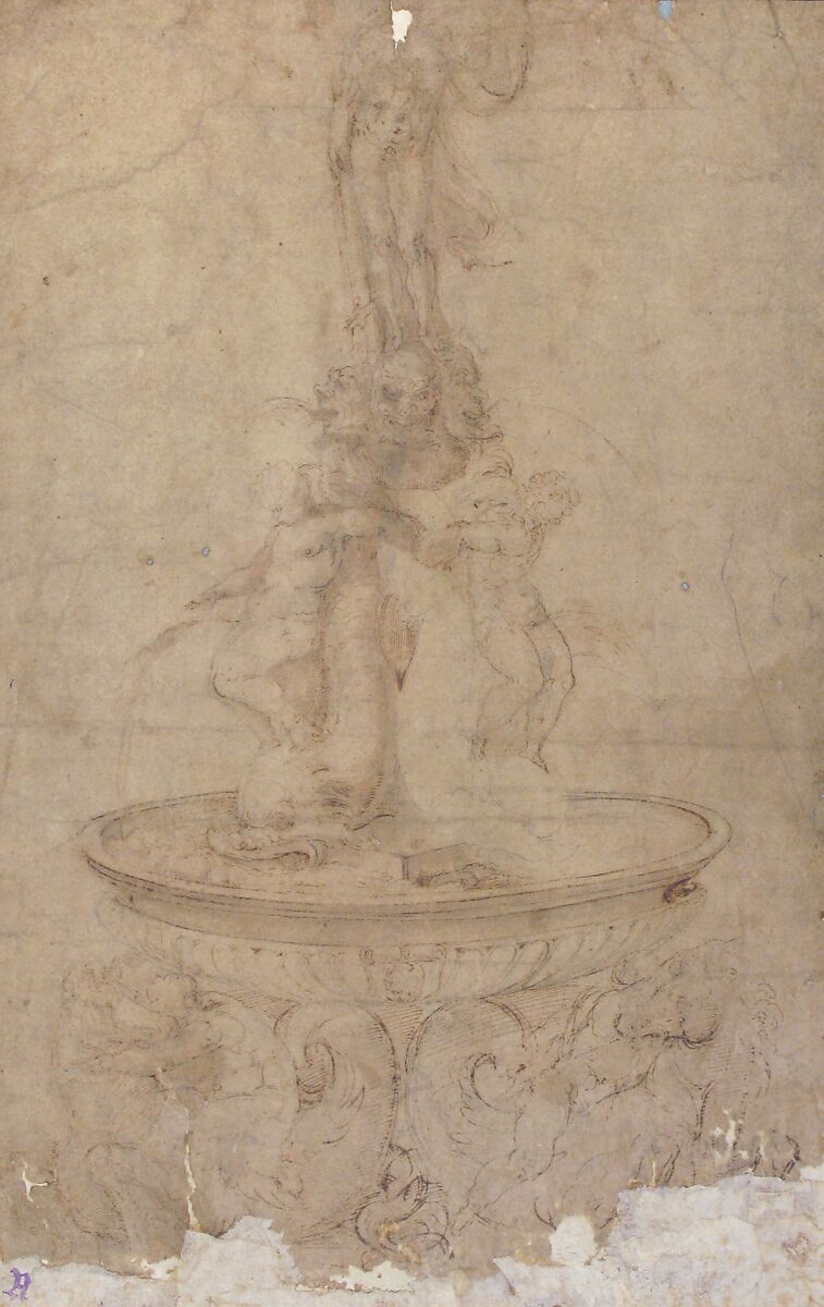 Design for a Fountain with Sea Horses and Triton Base, Basin, Dolphins and Tritons, Three Grotesque heads and Neptune, Battista Franco (Italian, Venice ca. 1510–1561 Venice), Pen and brown ink