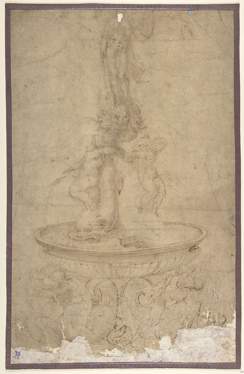 Design for a Fountain with Sea Horses and Triton Base, Basin, Dolphins and Tritons, Three Grotesque heads and Neptune, Battista Franco (Italian, Venice ca. 1510–1561 Venice), Pen and brown ink 