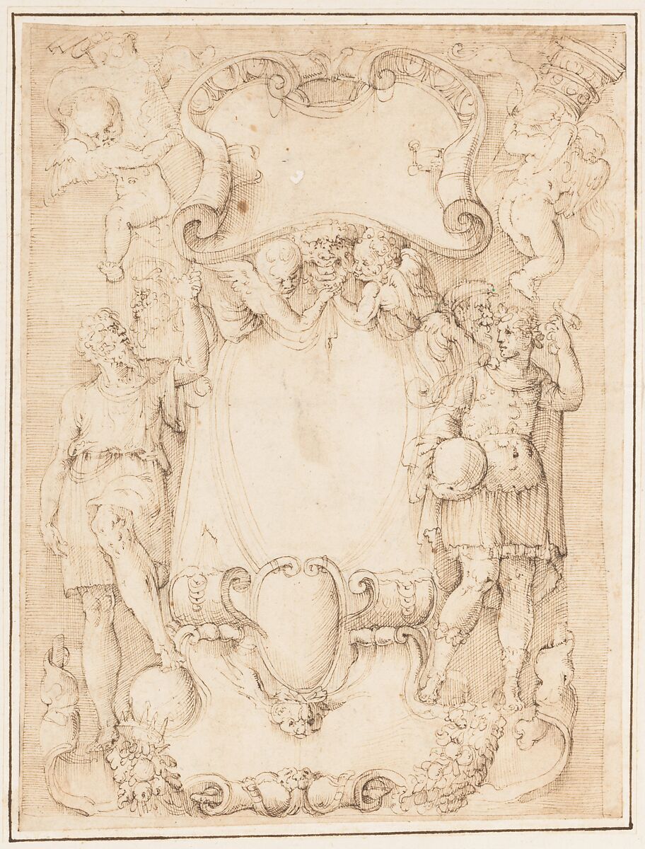 Drawing of Cartouche with Bearded Man Left, Young man crowned with Laurels Right, and Four Putti, Battista Franco (Italian, Venice ca. 1510–1561 Venice), Pen and brown ink