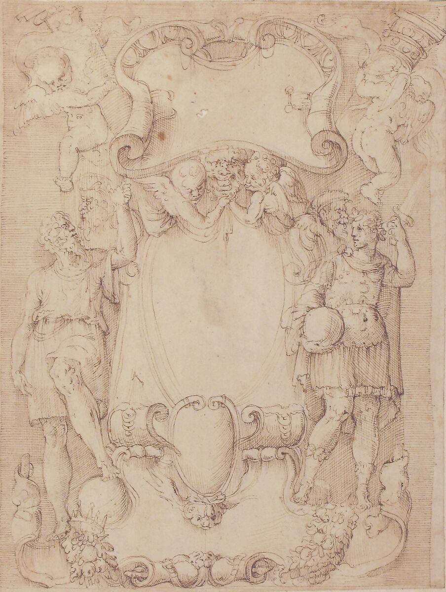Drawing of Cartouche with Bearded Man Left, Young man crowned with Laurels Right, and Four Putti, Battista Franco (Italian, Venice ca. 1510–1561 Venice), Pen and brown ink