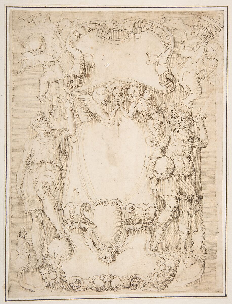 Drawing of Cartouche with Bearded Man Left, Young man crowned with Laurels Right, and Four Putti, Battista Franco (Italian, Venice ca. 1510–1561 Venice), Pen and brown ink 