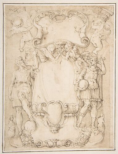 Drawing of Cartouche with Bearded Man Left, Young man crowned with Laurels Right, and Four Putti
