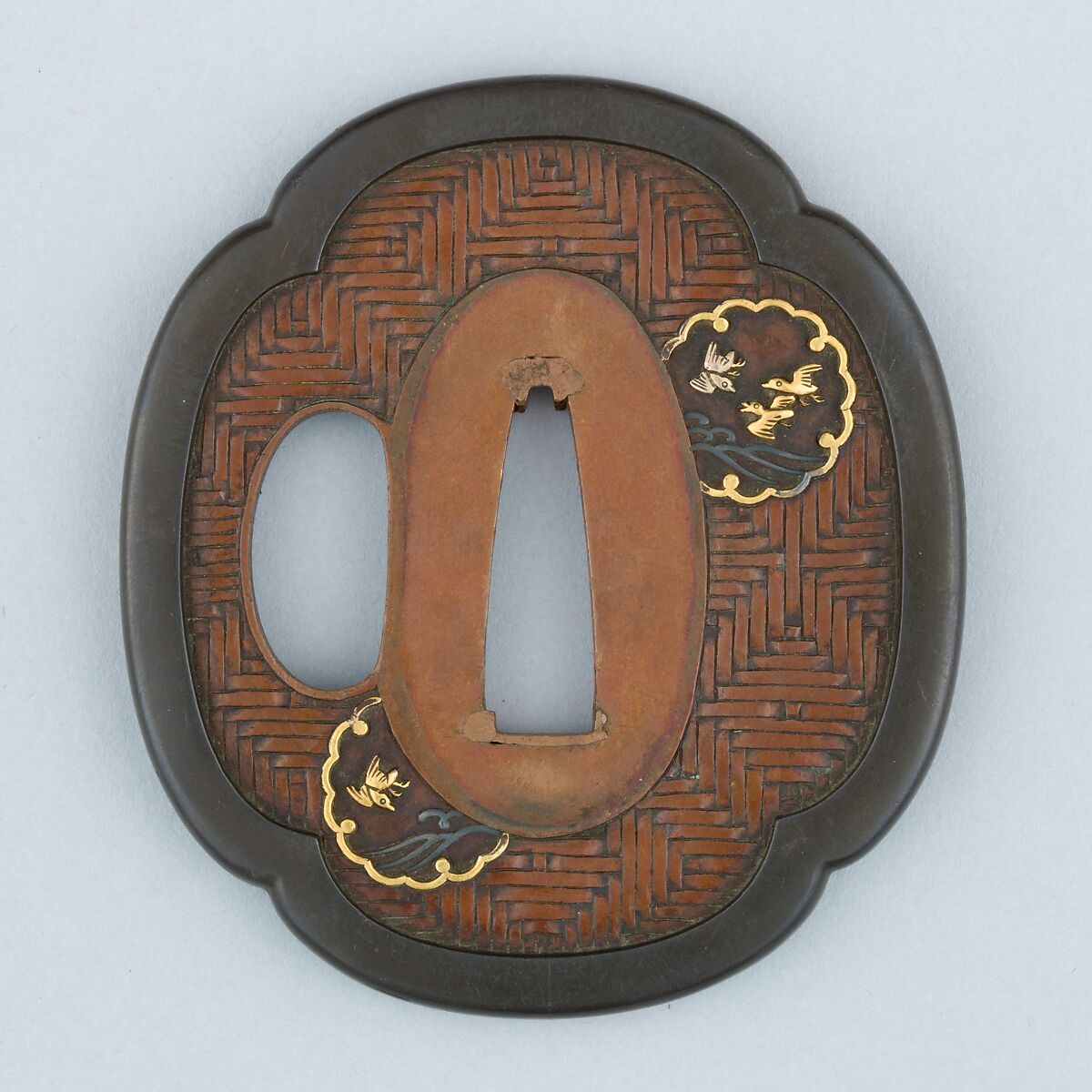 Sword Guard (Tsuba), Copper, copper-gold alloy (shakudō), gold, copper-silver alloy (shibuichi), Japanese 