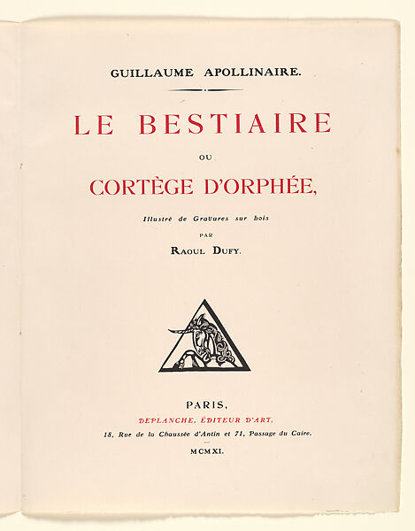 Le Bestiaire ou Cortège d'Orphée, Written by Guillaume Apollinaire (French, Rome 1880–1918 Paris), Wood engravings 