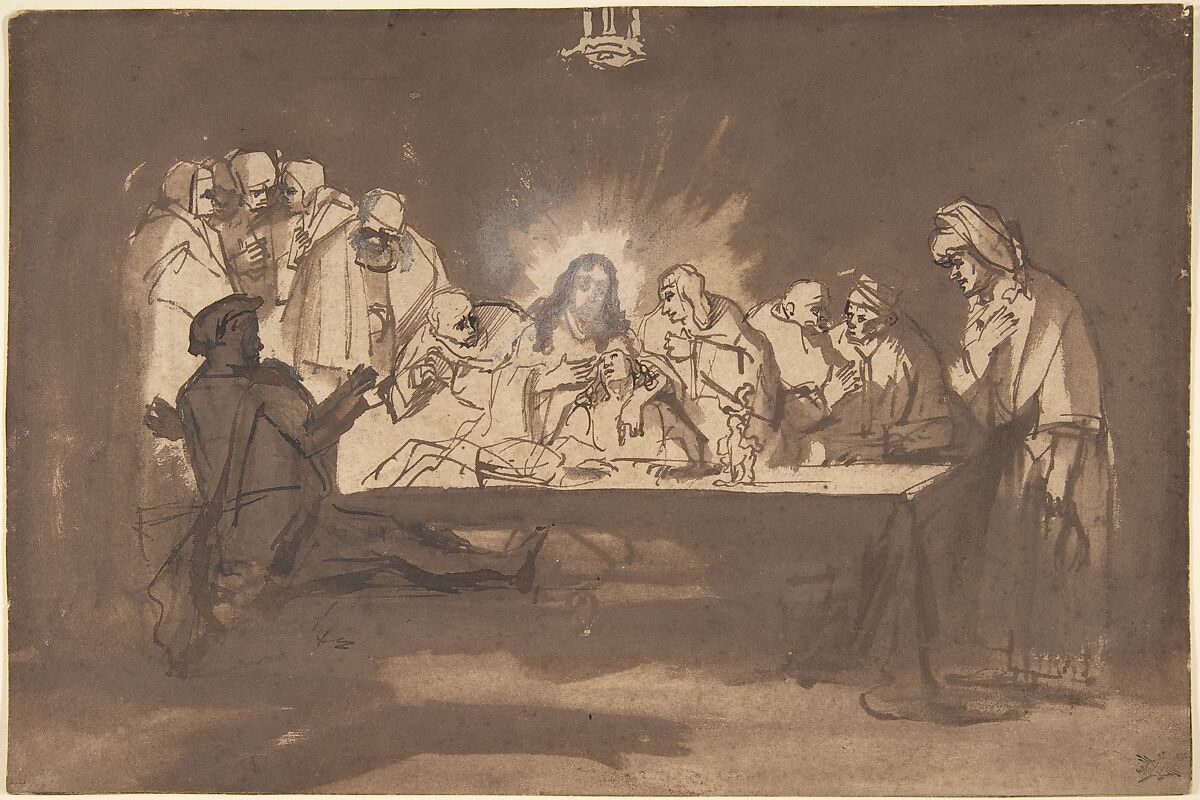 The Last Supper, Philips Koninck (Dutch, Amsterdam 1619–1688 Amsterdam), Pen and brown ink, brush and brown wash, over traces of red chalk, heightened with white gouache; framing lines in pen and brown ink. Laid down. 