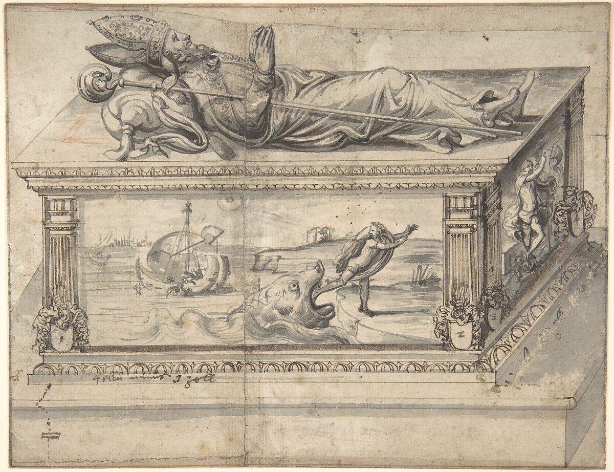 Tomb for a Bishop, Anonymous, German, 17th century, Pen and brown and gray ink, and brush and gray wash over traces of red chalk 