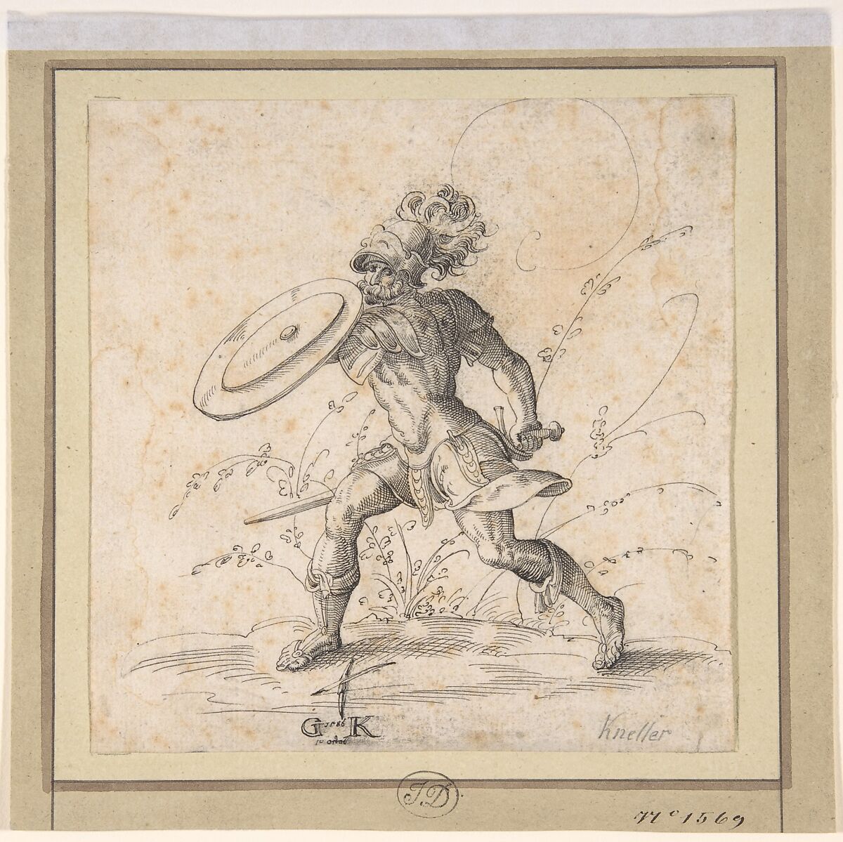 A Soldier Brandishing a Shield in a Landscape, Monogrammist GK (German, late 16th century), Pen and black ink 
