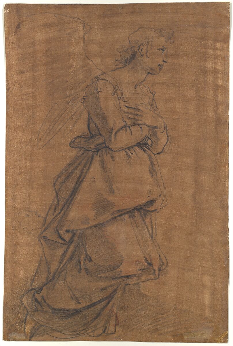 The Archangel Gabriel Kneeling to the Right; Small Study of Head at Lower Left., Jacopo da Empoli (Jacopo Chimenti) (Italian, Florence 1551–1640 Florence), Black chalk, small traces of white chalk highlights, on ochre brown prepared paper; some unrelated scribbles and sketches in red chalk