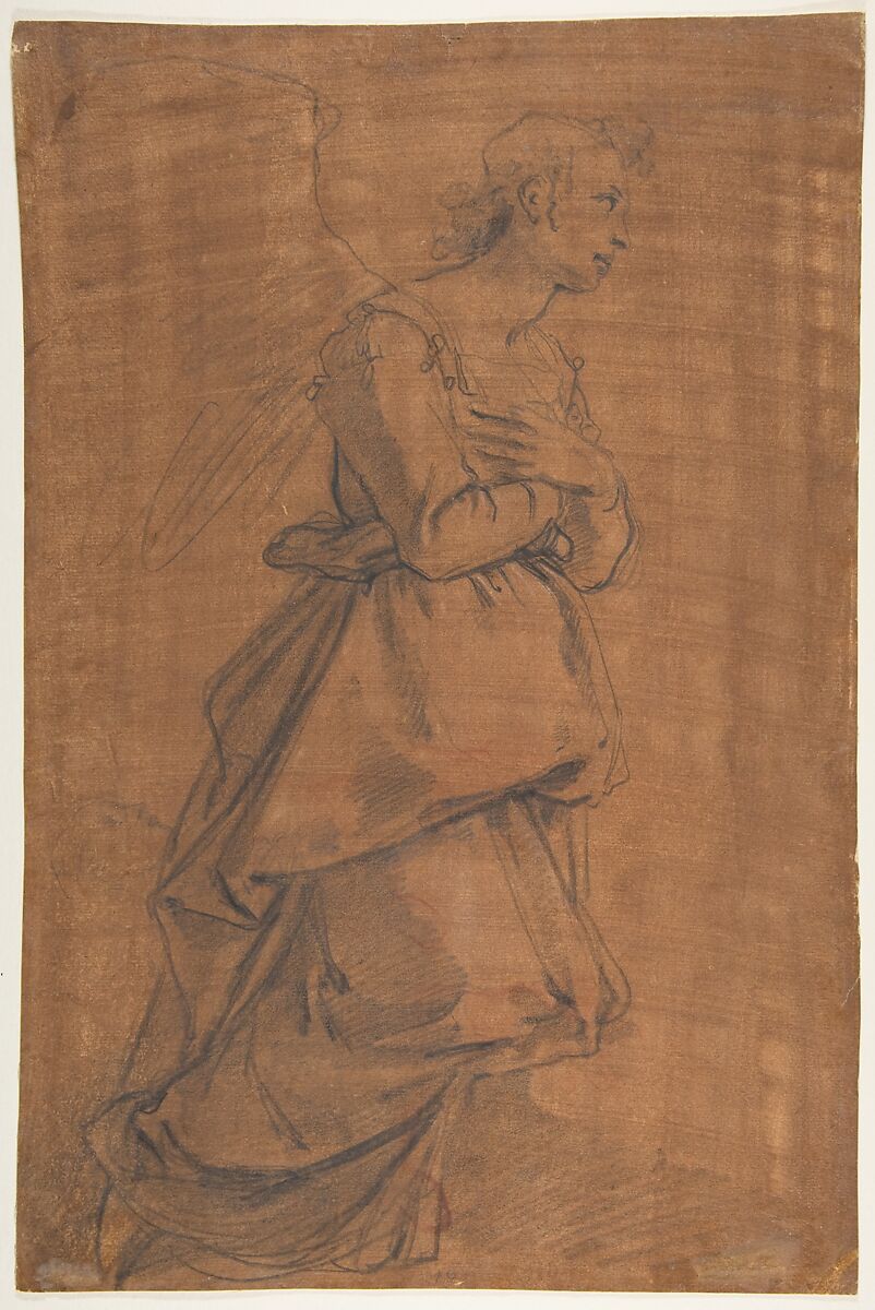 The Archangel Gabriel Kneeling to the Right; Small Study of Head at Lower Left., Jacopo da Empoli (Jacopo Chimenti) (Italian, Florence 1551–1640 Florence), Black chalk, small traces of white chalk highlights, on ochre brown prepared paper; some unrelated scribbles and sketches in red chalk 