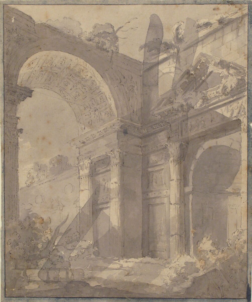 View of Ancient Roman Ruins, an Arch and a Triangular-Pedimented Doorway, Filippo Mochi (Italian, active 18th century), Pen and brown ink, brush and gray wash and some traces of leadpoint; framed outlines in black ink and  blue wash