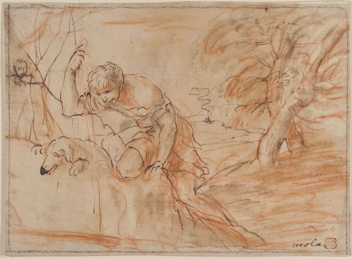 Framed Sketch for a Man, a Dog and a Tree, Pier Francesco Mola (Italian, Coldrerio 1612–1666 Rome), Pen and brown ink, black and red chalk and light brown-gray wash