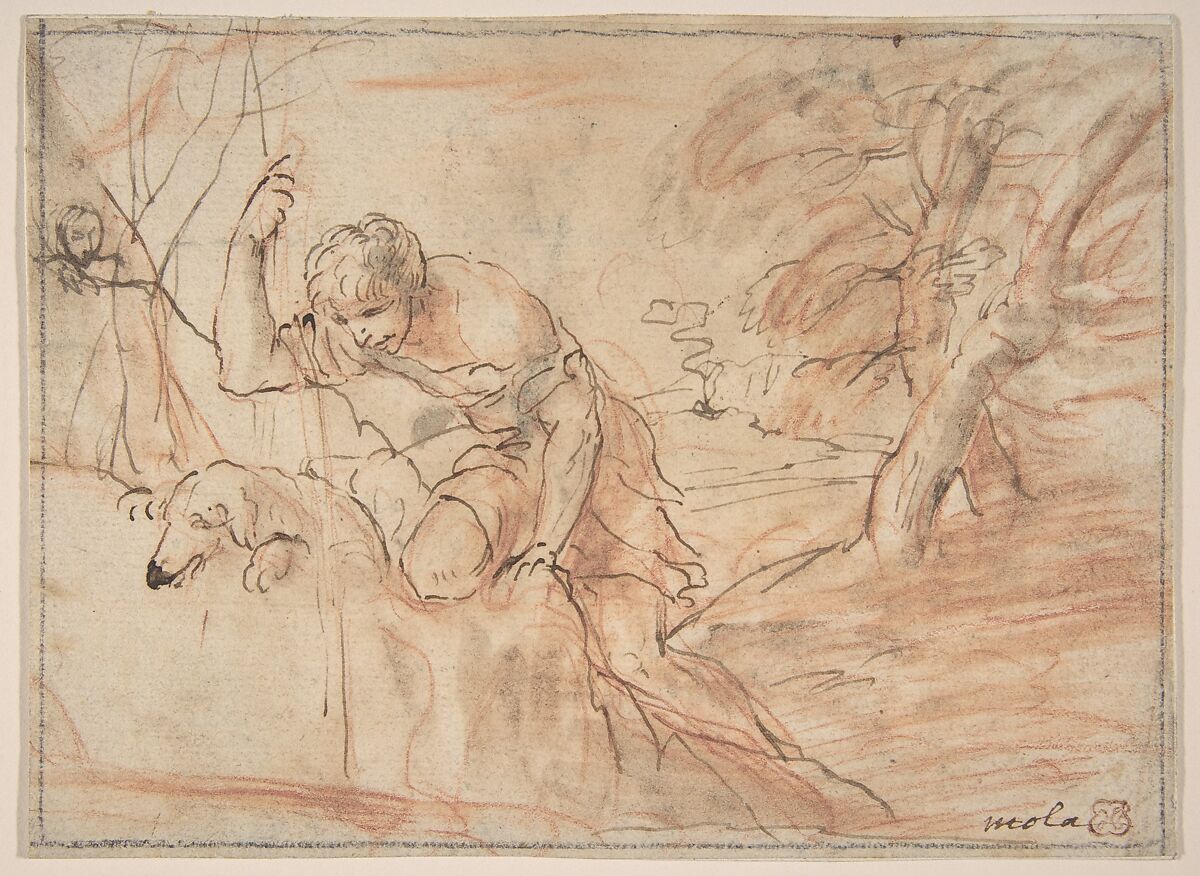 Framed Sketch for a Man, a Dog and a Tree, Pier Francesco Mola (Italian, Coldrerio 1612–1666 Rome), Pen and brown ink, black and red chalk and light brown-gray wash 