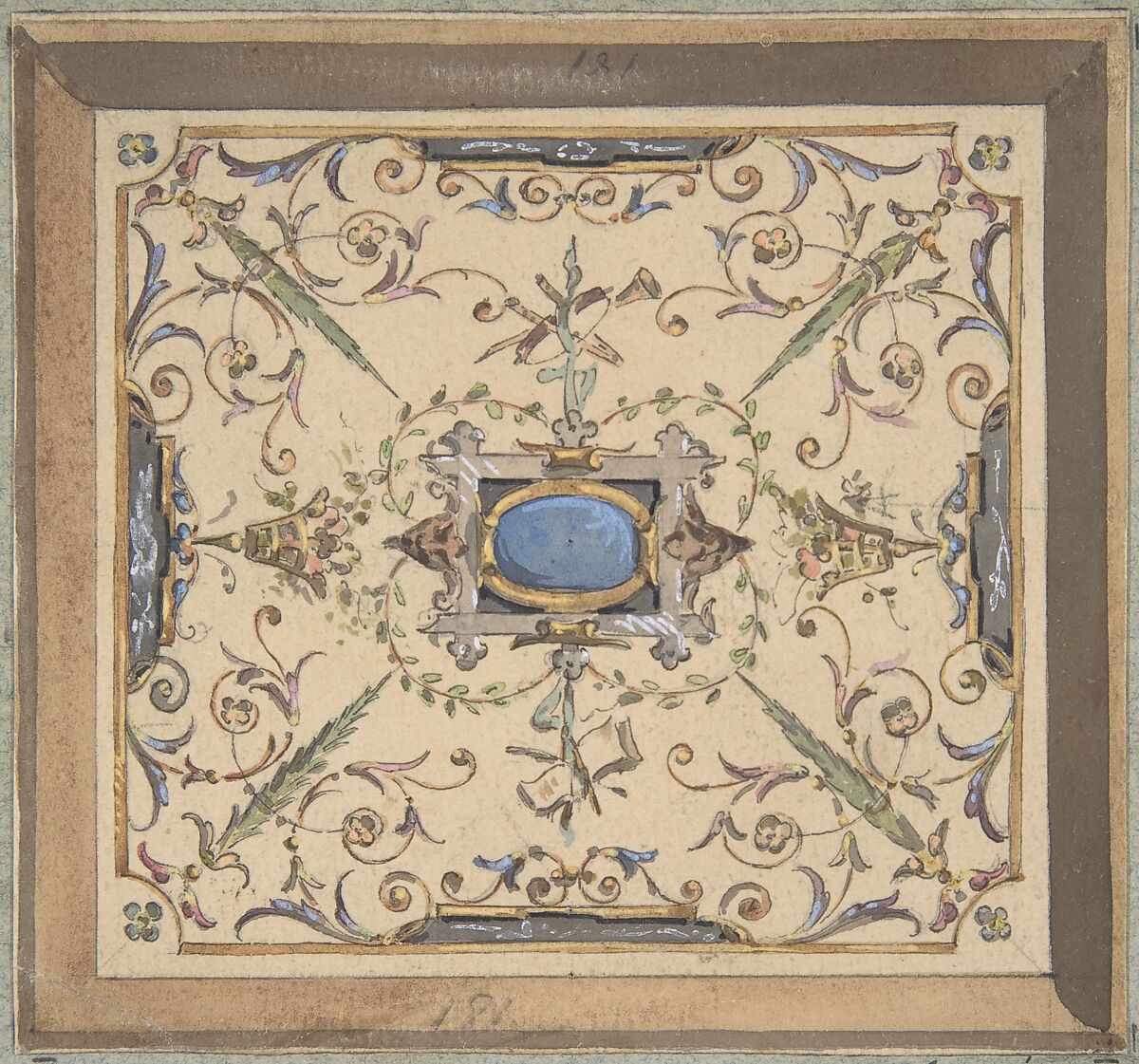 Design for Ceiling, Château de Cangé, Jules-Edmond-Charles Lachaise (French, died 1897), Watercolor and gouache 