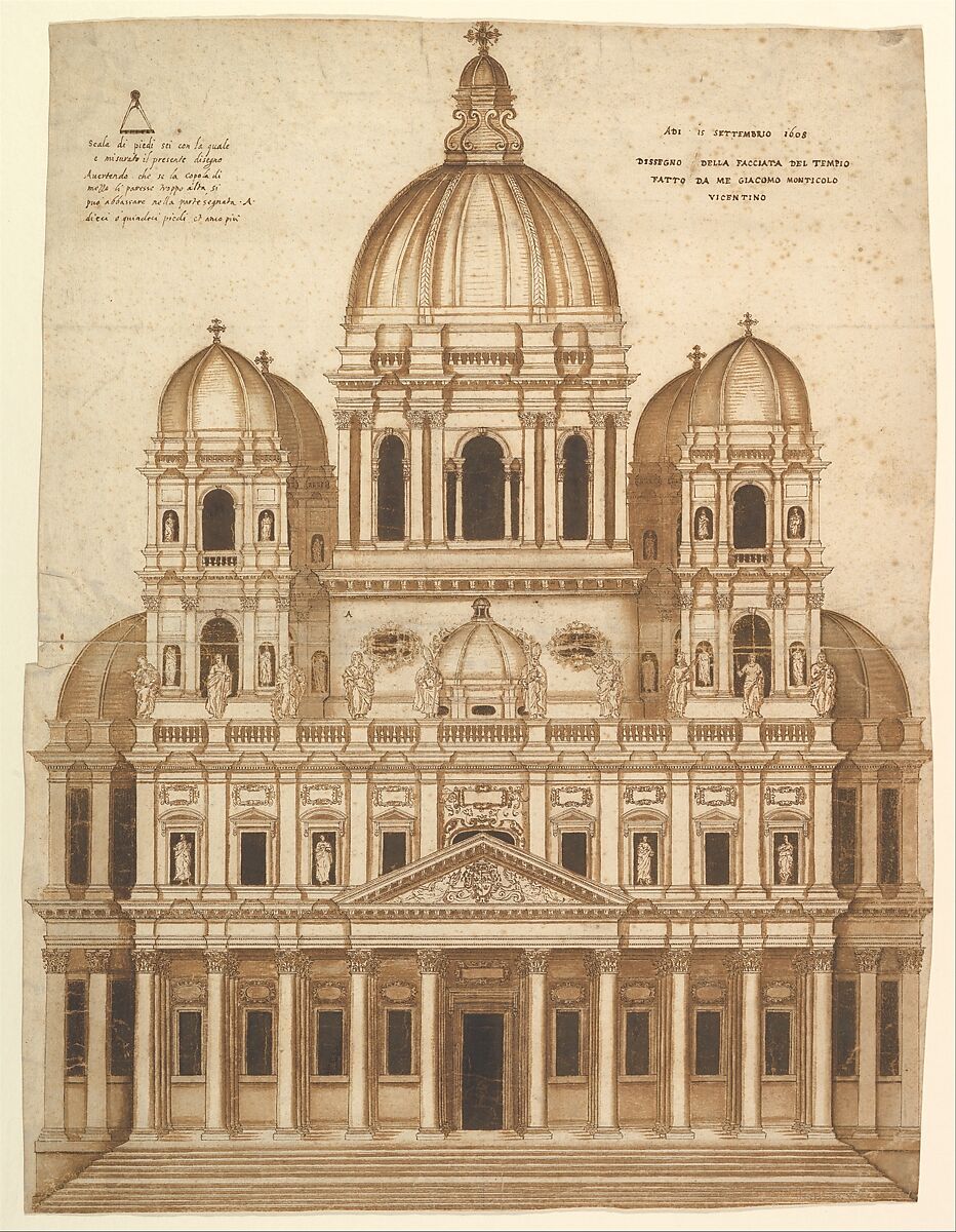 Unexecuted Design for the Façade of the Church of Santa Maria in Araceli in the city of Vicenza, Giacomo Monticolo of Vicenza (Italian, 17th century), Pen and brown ink and brush and brown wash 
