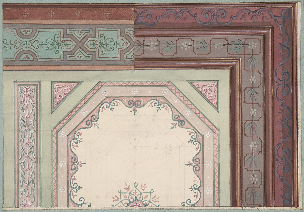 Ceiling design, Castle Blayney, Jules-Edmond-Charles Lachaise (French, died 1897), Watercolor, gouache, and gilt 