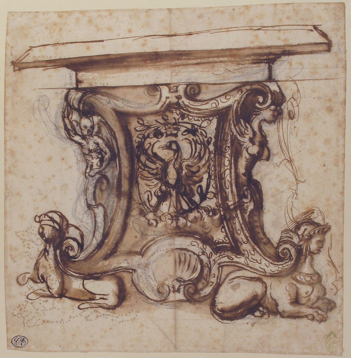 Design for the End Pier of a Table, Giovanni Battista Naldini (Italian, Florence 1535–1591 Florence), Pen and brown ink, brush and brown wash, over black chalk