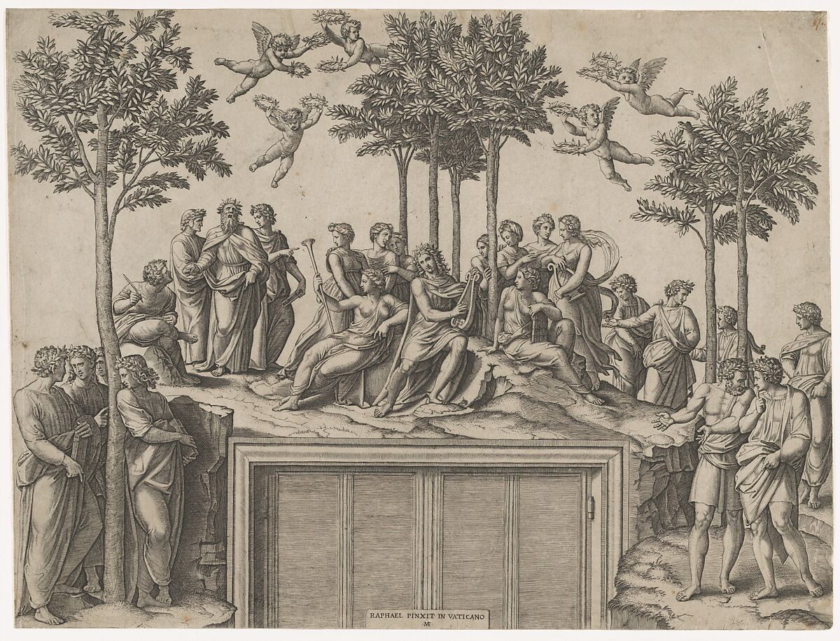 Apollo sitting on Parnassus surrounded by the muses and famous poets, Marcantonio Raimondi (Italian, Argini (?) ca. 1480–before 1534 Bologna (?)), Engraving; second state of five 